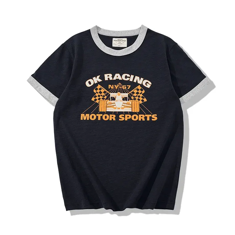 Summer New American Retro Workwear Shirt Short Sleeve 255g Old Bamboo Cotton Color Line Retro Racing Short Sleeve T-shirt