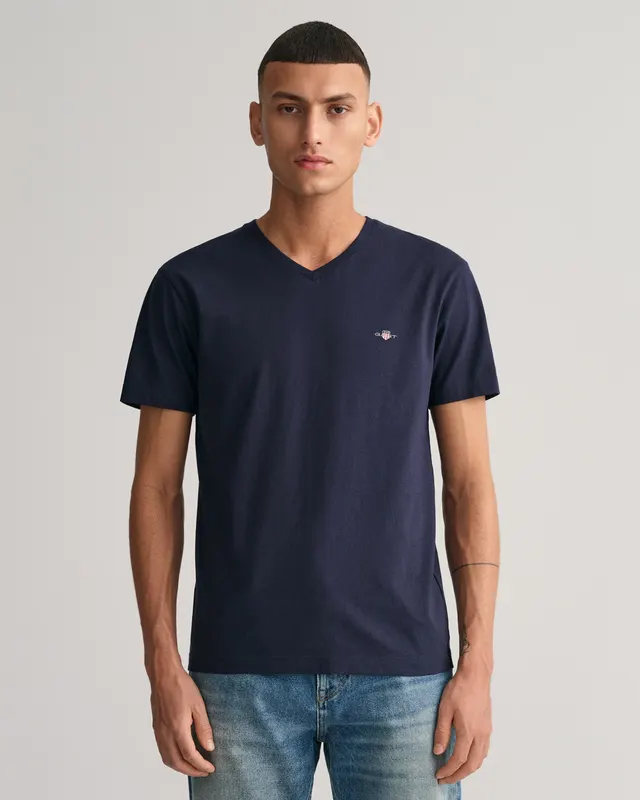 Gant Koszulka Męska Z Dekoltem V Slim Fit Granatowa
