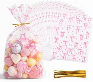 Torebki na prezenty 30 szt. 30x40 cm przezroczyste różowe z kokardką