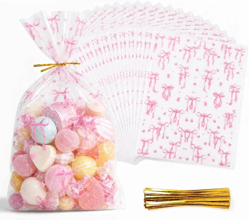 Torebki na prezenty 30 szt. 30x40 cm przezroczyste różowe z kokardką