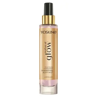 Yoskine Natural Glow rozświetlająca mgiełka do ciała z gliceryną, betainą, złocistymi drobinkami, bergamotką, brzoskwinią i jaśminem 100 ml