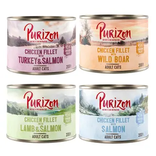 Purizon Original, 24 x 200 g, bez zbóż - Pakiet mieszany 2 (8x łosoś, 4x jagnięcina, 8x dzik, 4x indyk)