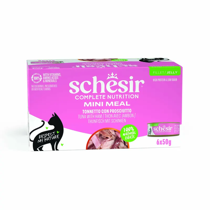 Schesir Complete Nutrition, filet w galarecie, 6 x 50 g w puszce - Tuńczyk z szynką