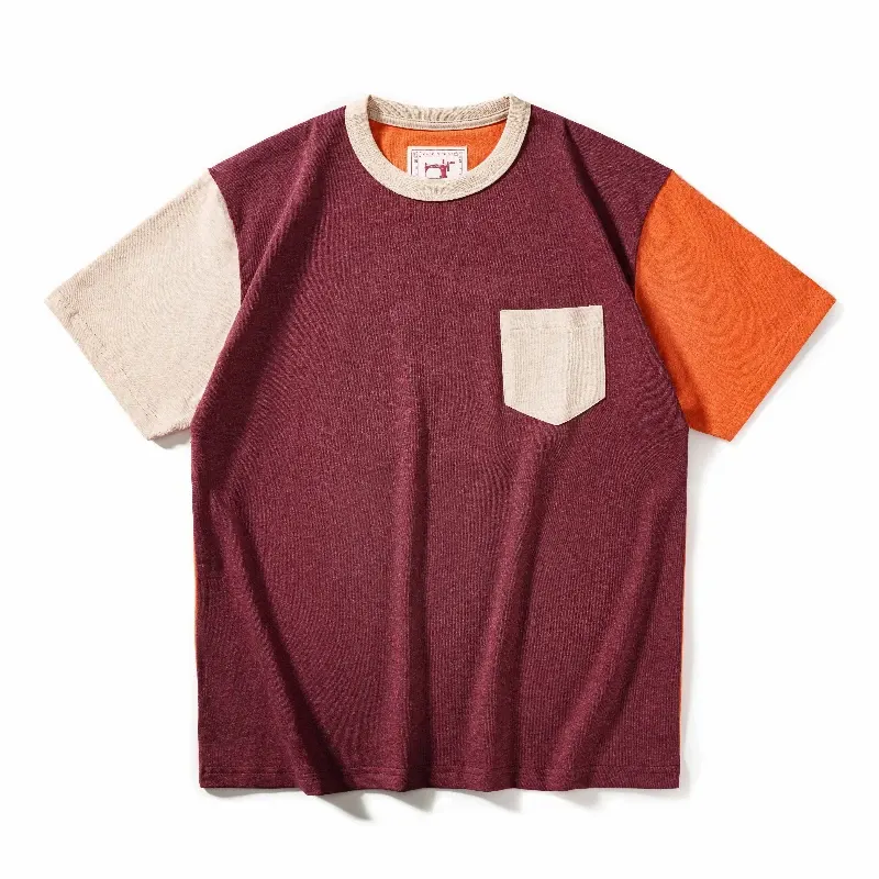 First Release All Cotton Retro Patchwork Contrasting Pocket T-Shirt with College Style Fresh and White Look for Couples
