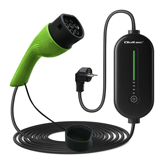Qoltec Mobilna ładowarka do samochodu elektrycznego EV z regulacją 2w1 Typ2 | 3.5kW | 230V | LCD | LED | 5m