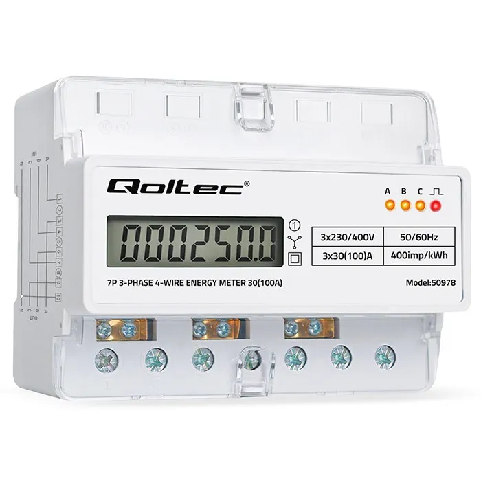 Qoltec Trójfazowy elektroniczny licznik | miernik zużycia energii na szynę DIN | 400V | 100A | LCD | LED | 7P