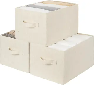 Składane kosze do przechowywania 37x26x21 cm beżowe bawełna-len 3 sztuki