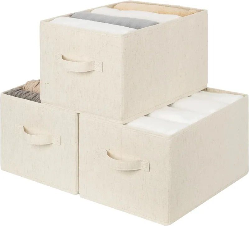 Składane kosze do przechowywania 37x26x21 cm beżowe bawełna-len 3 sztuki
