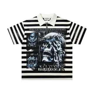 MAJESTIK Hip-Hop Street Skull Print Polo Neck Short Sleeve T-shirt Loose Stripe Beaded Top Trendy