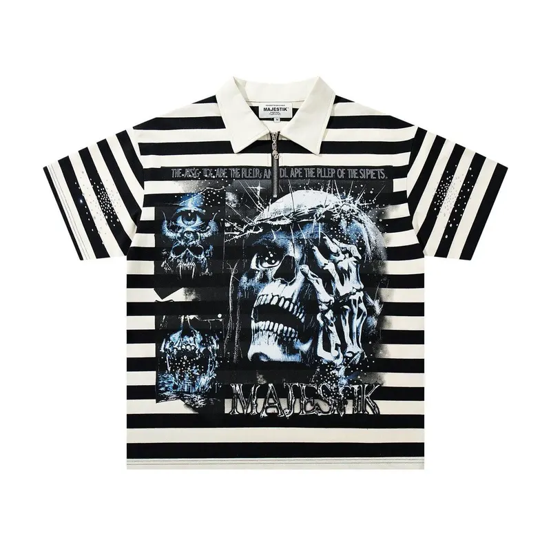 MAJESTIK Hip-Hop Street Skull Print Polo Neck Short Sleeve T-shirt Loose Stripe Beaded Top Trendy