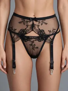 Sexy Embroidery Lace Garter Panty Black - XL