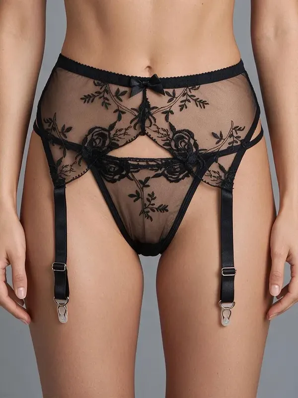 Sexy Embroidery Lace Garter Panty Black - M