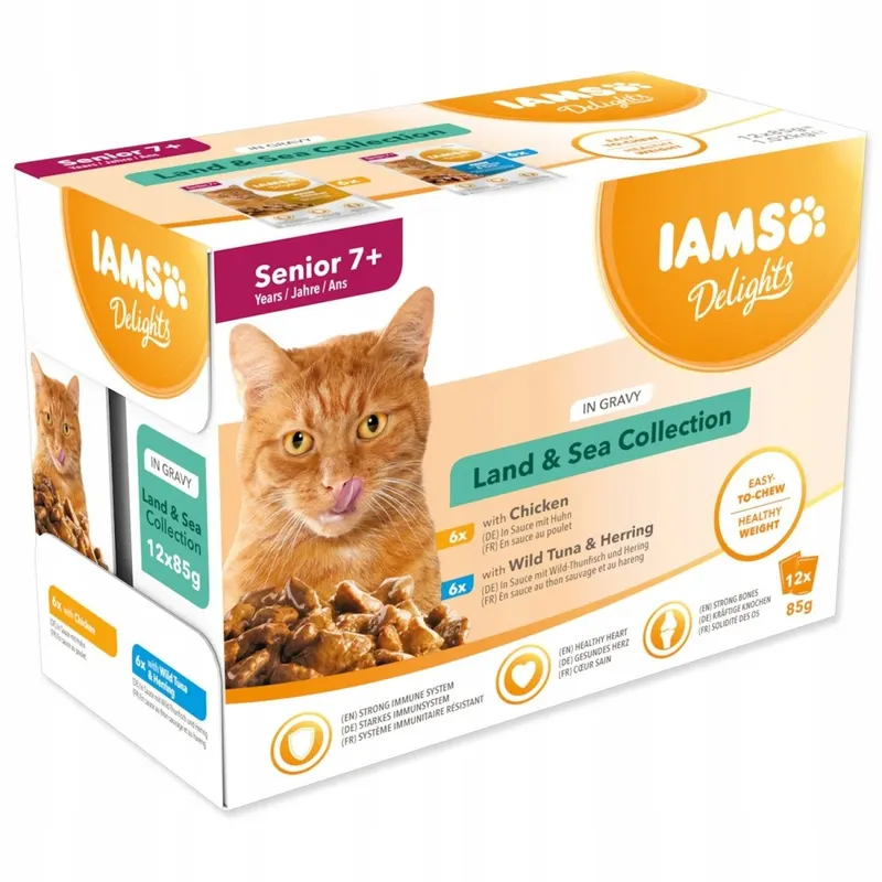 IAMS DELIGHTS Senior Land & Sea Collection in Gravy box – mokra karma dla kota – 12x85g