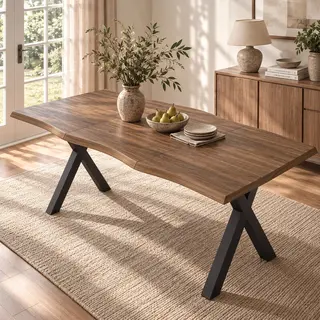 Stół jadalny 160 × 78 × 77 cm, dla 4–6 osób, blat o falistym kształcie, pogrubiony blat, styl minimalistyczny, żelazne nogi w kształcie X, kolor orz..