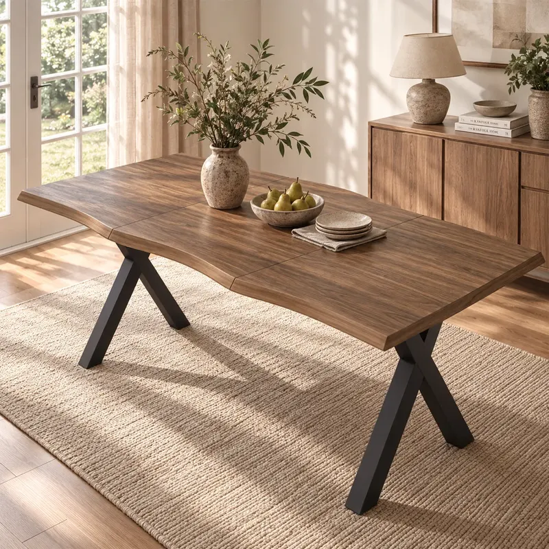 Stół jadalny 160 × 78 × 77 cm, dla 4–6 osób, blat o falistym kształcie, pogrubiony blat, styl minimalistyczny, żelazne nogi w kształcie X, kolor orz..