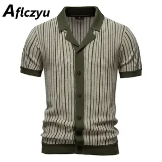 Knitted Stripe Polo Shirt Men Summer Short Sleeve Polo Shirt Fashion Casual Contrast Color Stripe Knit Tops Male