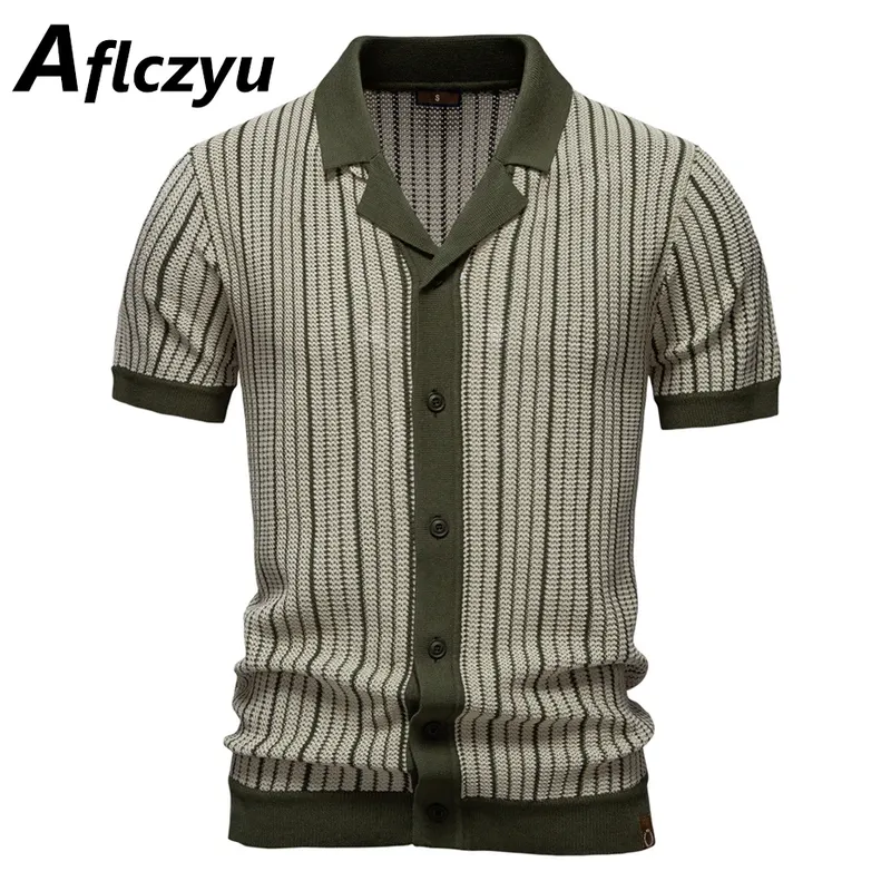 Knitted Stripe Polo Shirt Men Summer Short Sleeve Polo Shirt Fashion Casual Contrast Color Stripe Knit Tops Male