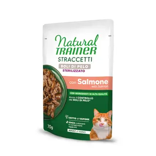 Natural Trainer Straccetti Hairball Sterilised, paski w sosie - Z łososiem, 56 x 70 g