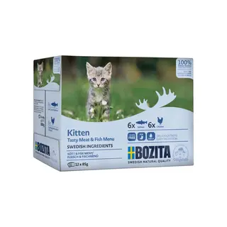 BOZITA Kitten box Mięsne i rybne kawałki w sosie – mokra karma dla kota – 12x85g