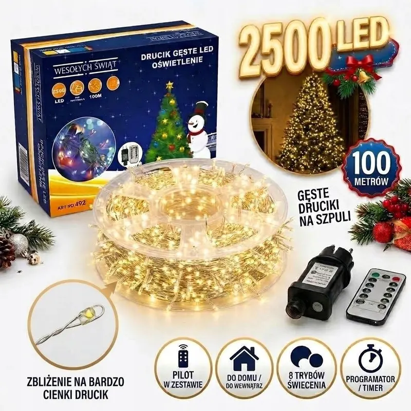 Lampki choinkowe rosa wewnętrzne i zewnętrzne 100 m 2500led lampek