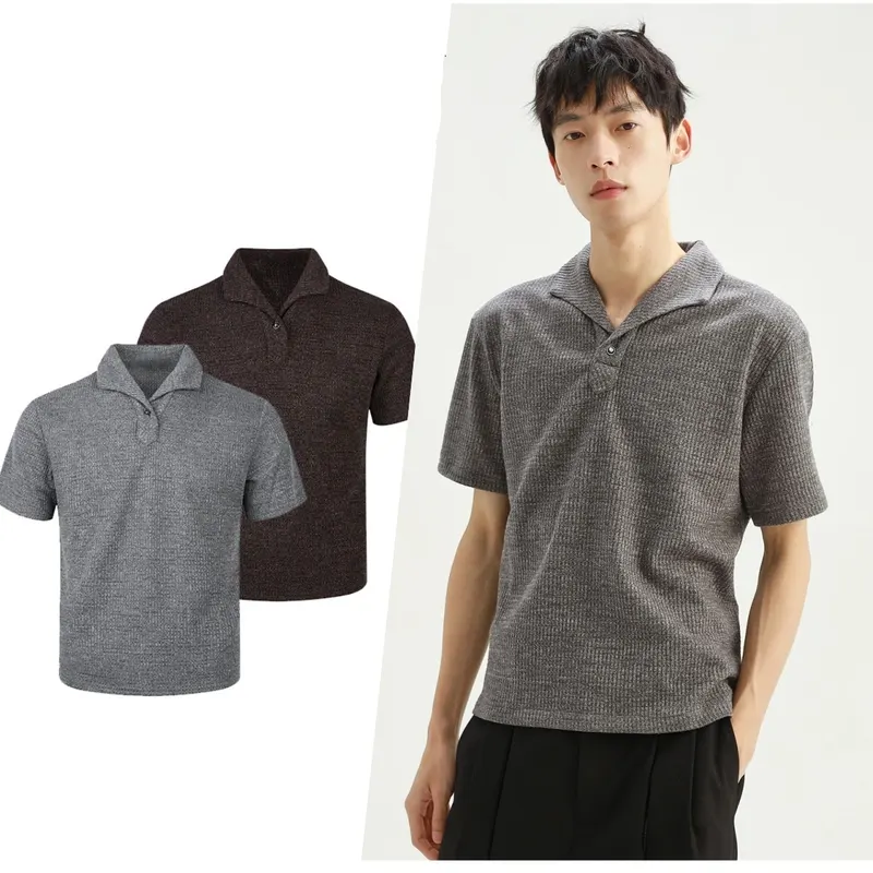 male shirts men's polo shirts Roman grid Italian style one piece collar cat eye gemstone buckle