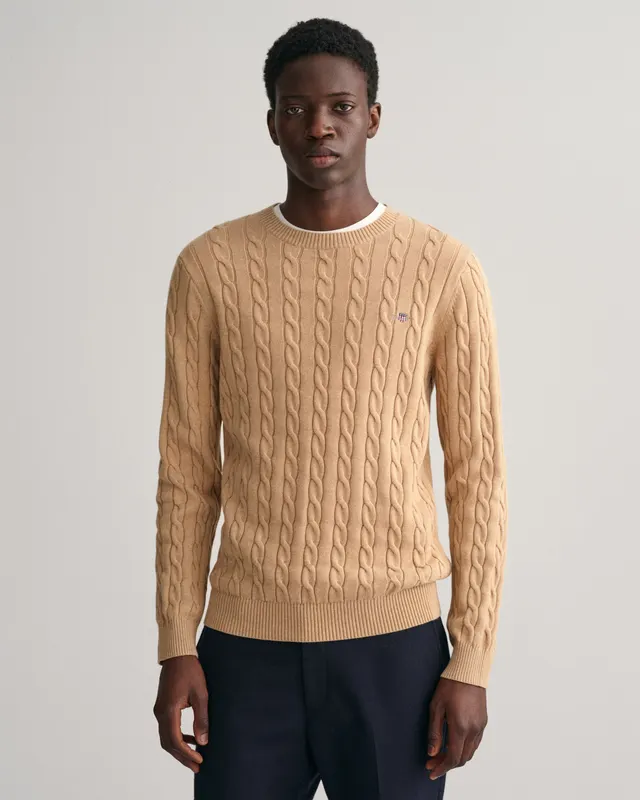 Gant Sweter Męski Z Okrągłym Dekoltem Regular Fit Beżowy
