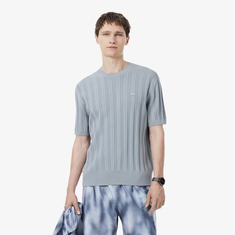 Lacoste Miękki Sweter Prążkowany Z Krótkim Rękawem Szary Męskie Szary