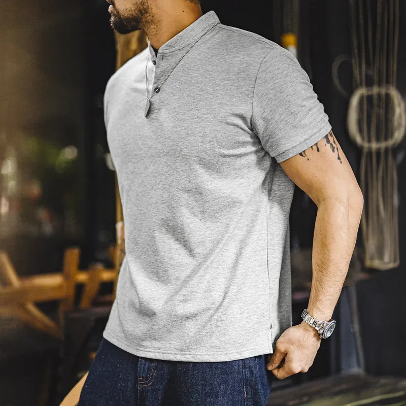 MADEN Vintage Retro Old Money Quickdry Breathable Henley Tshirt Slim Fit Tailored Shoulder Cuffed Short Sleeve Casual Men Summer