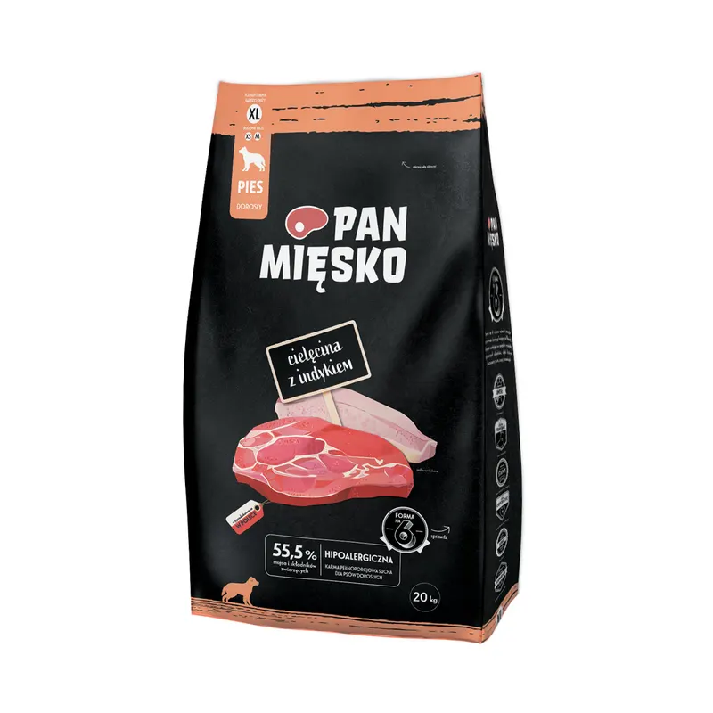 PAN MIĘSKO Cielęcina z Indykiem XL  - sucha karma dla psa - 20kg