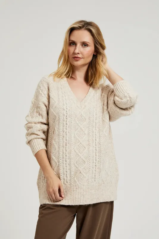 Dzianinowy sweter z dekoltem w serek beżowy