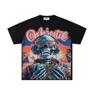 MAJESTIK High Street Style Skull Print Beaded Short-Sleeved T-Shirt for Men and Women Trendy Loose-Fitting Casual Top for Summer