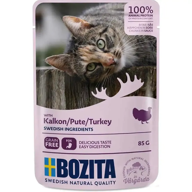 BOZITA Mięsne kawałki w sosie z indykiem – mokra karma dla kota – 85g