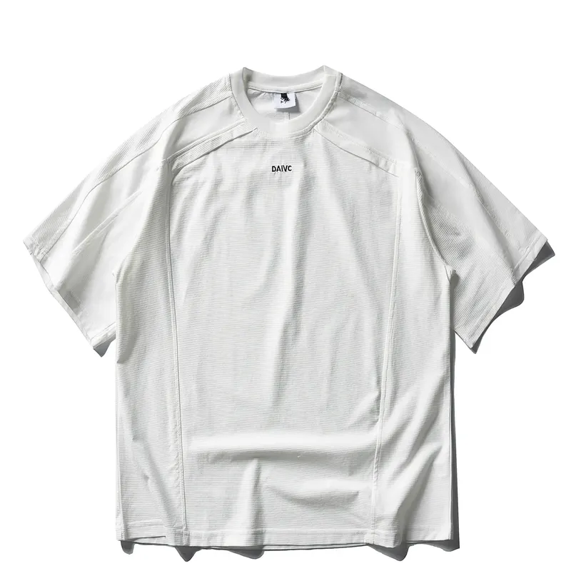 American Amekaji Letter Embroidered Waffle Grid Splicing Short Sleeved T-shirt for Men and Women Loose Half Sleeved T-shirt