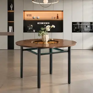 Okrągły stół w nowoczesnym, minimalistycznym stylu o średnicy 100 cm z brązowym wzorem drewna, dla 2–4 osób (z wbudowaną szarobrązową szybą szklaną ..