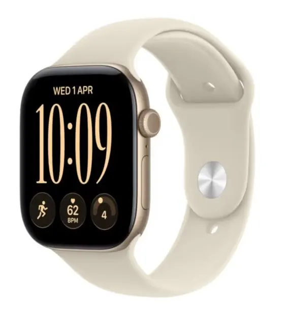 Apple Watch seria 12 GPS+Cellular, koperta 42 mm z aluminium w kolorze jasnego złota, pasek sportowy w kolorze piasku - rozmiar M/L