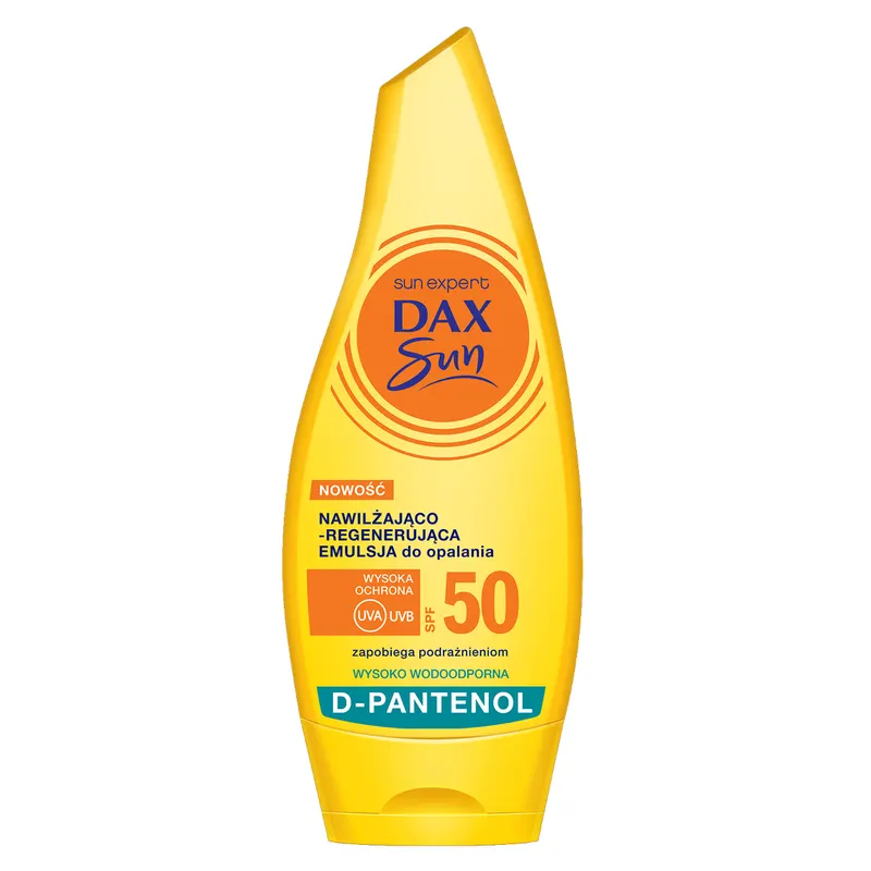 DAX Sun nawilżająco regenerująca emulsja do opalania SPF 50 z D-pantenolem, gliceryną i ekstraktem z bawełny 175 ml