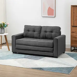 Sofa rozkładana, składana sofa 2-osobowa, płócienna sofa z funkcją spania, zestaw mebli tapicerowanych, w dotyku jak len, drewno kauczukowe, szary, ..