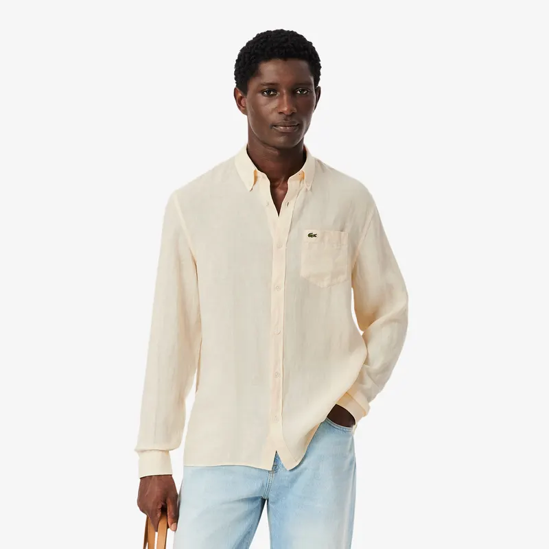 Lacoste Koszula Lniana Regular Fit Męskie Beżowy