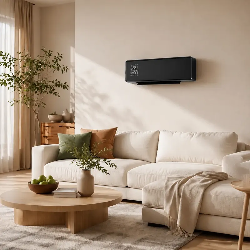Ścienny ceramiczny grzejnik elektryczny 2000 W, wentylator, termostat, timer, pilot, panel szklany, kolor Czarny