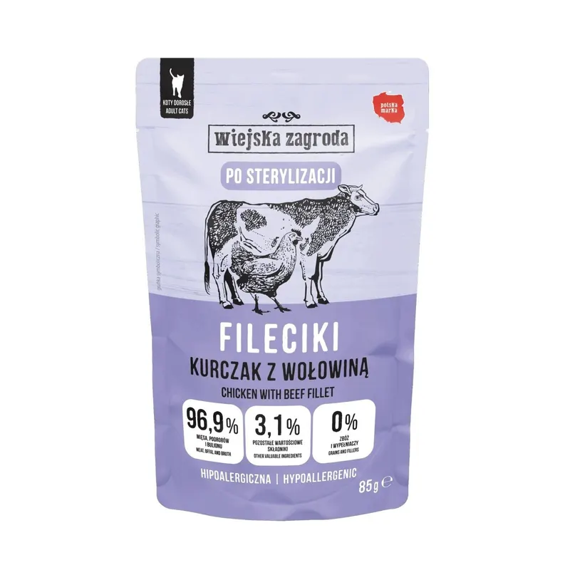 WIEJSKA ZAGRODA Kurczak z wołowiną Sterilised - mokra karma dla kota - 85g