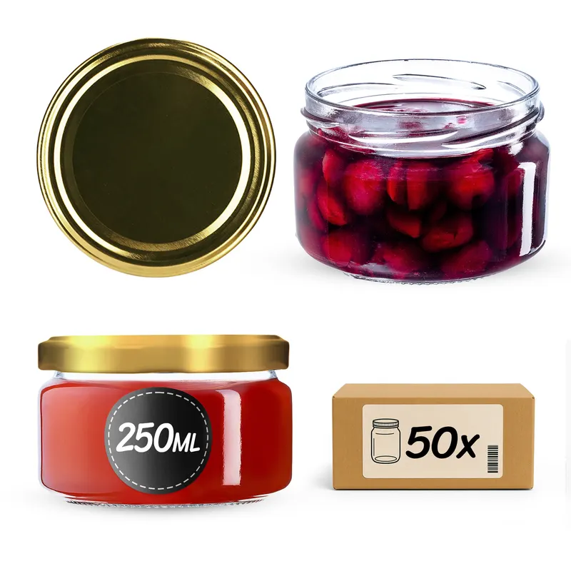 Słoiki na przetwory Denia 250ml 50szt fi 82 mm + wieczko złote
