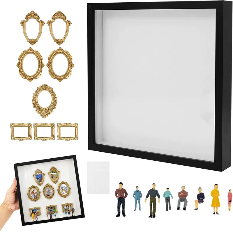 Ramka na zdjęcia mini muzeum DIY czarna z 8 figurkami i ramkami