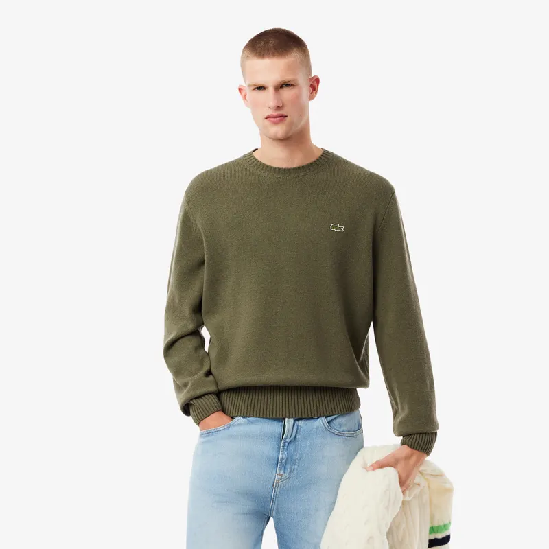 Lacoste Sweter Z Okrągłym Dekoltem Z Wełny Zgrzebnej Męskie Zielony
