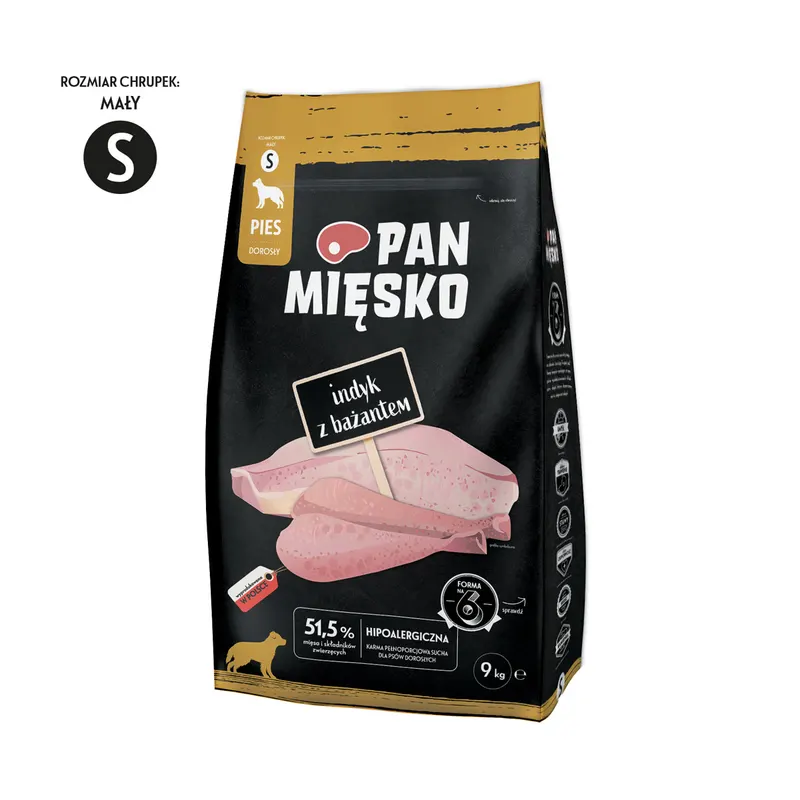 Pan Mięsko Indyk z bażantem (dorosły) chrupki S  Karma sucha dla psa 9kg