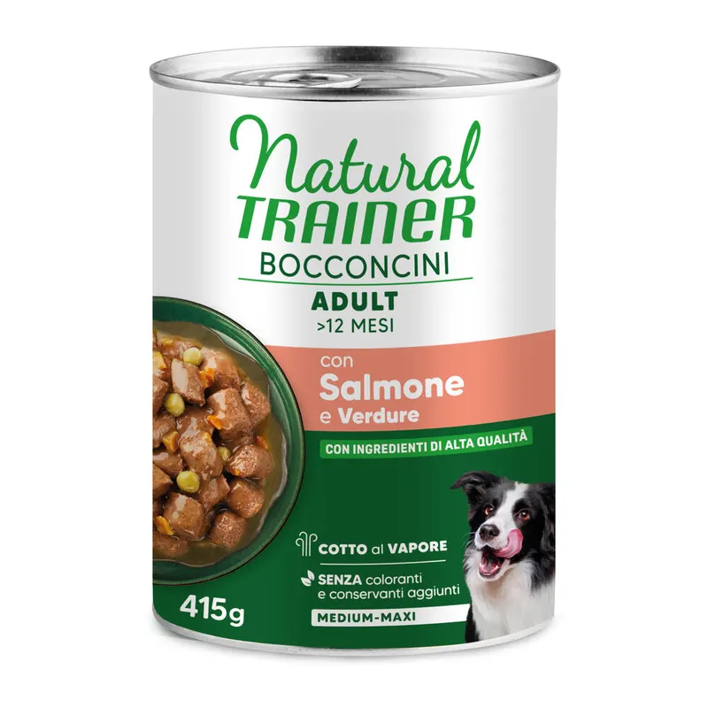 9 + 3 gratis! Natural Trainer, karma mokra, 12 x 400 g / 415 g - Bocconcini Adult Medium i Maxi Chunks, łosoś, 12 x 415 g