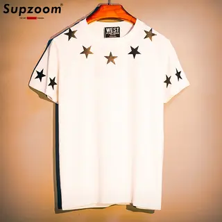 Supoom New Arrival Top Fashion O-Neck Tide Cotton Loose And Lovers Hot Sale Pu Print Pentagram Short Brand Clothing T Shirt Men