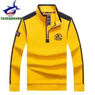 TACE&SHARK 2023 Casual Business Yellow Polo Shirt Pullover Half Zipper Patchwork Polo Shirt for Men Fashion Shark Embroidery