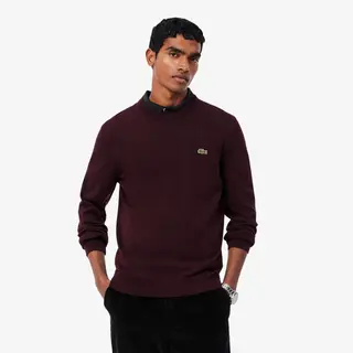 Lacoste Jednokolorowy Bawełniany Sweter Z Okrągłym Dekoltem Bordowy Męskie Bordowy