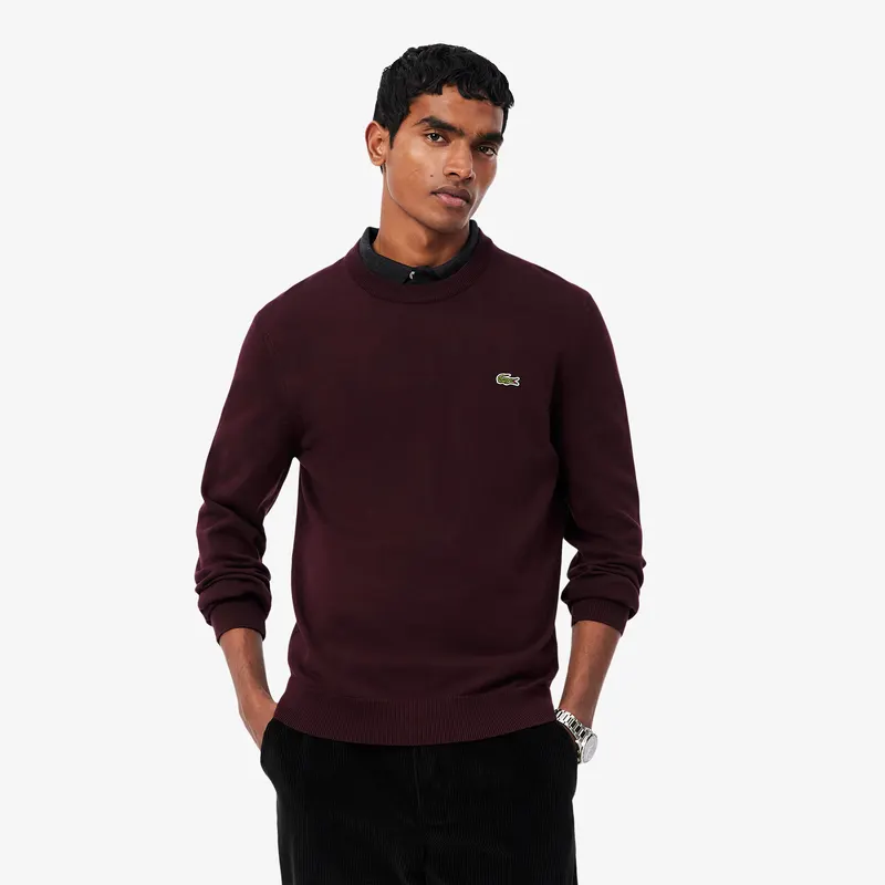 Lacoste Jednokolorowy Bawełniany Sweter Z Okrągłym Dekoltem Bordowy Męskie Bordowy