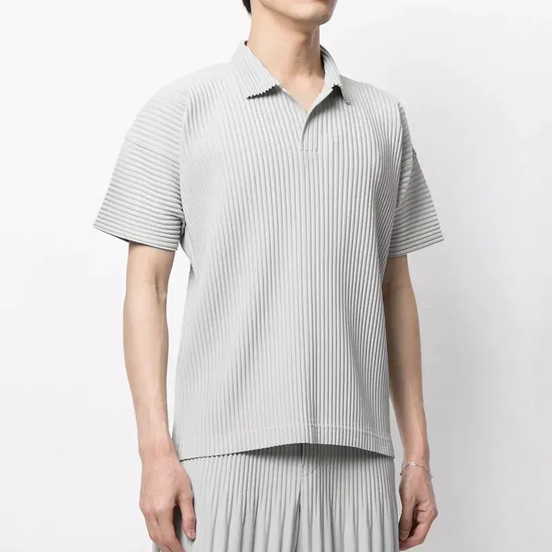 ISSEY Wrinkle Shirt with Loose Lapel, Versatile Casual Short-Sleeved T-Shirt, POLO Shirt, Men's Trendy Style